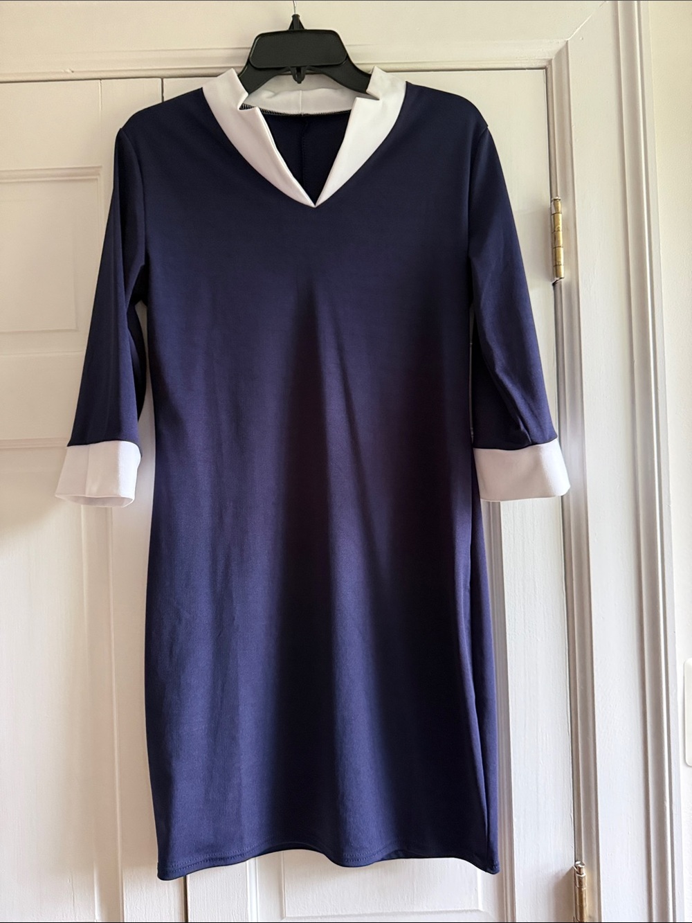 Classic Navy Shift Dress with White Collar and Cuffs